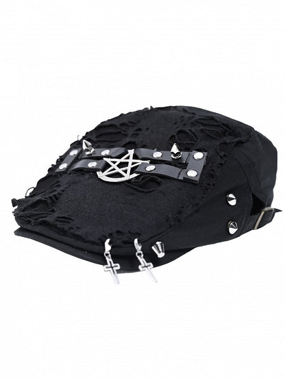 with Punk Hem Distressed Decorations Beret Raw Cross Black