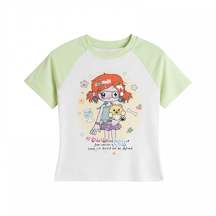 アプリコットとカラーブロックデザインのY2K漫画プリントTシャツ（グリーン）