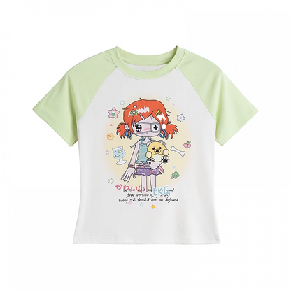 アプリコットとカラーブロックデザインのY2K漫画プリントTシャツ（グリーン）