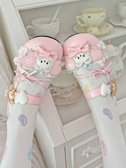 Lolita Mary Pink Bear Details Heart Sweet with Winged Janes Low-heel Accents