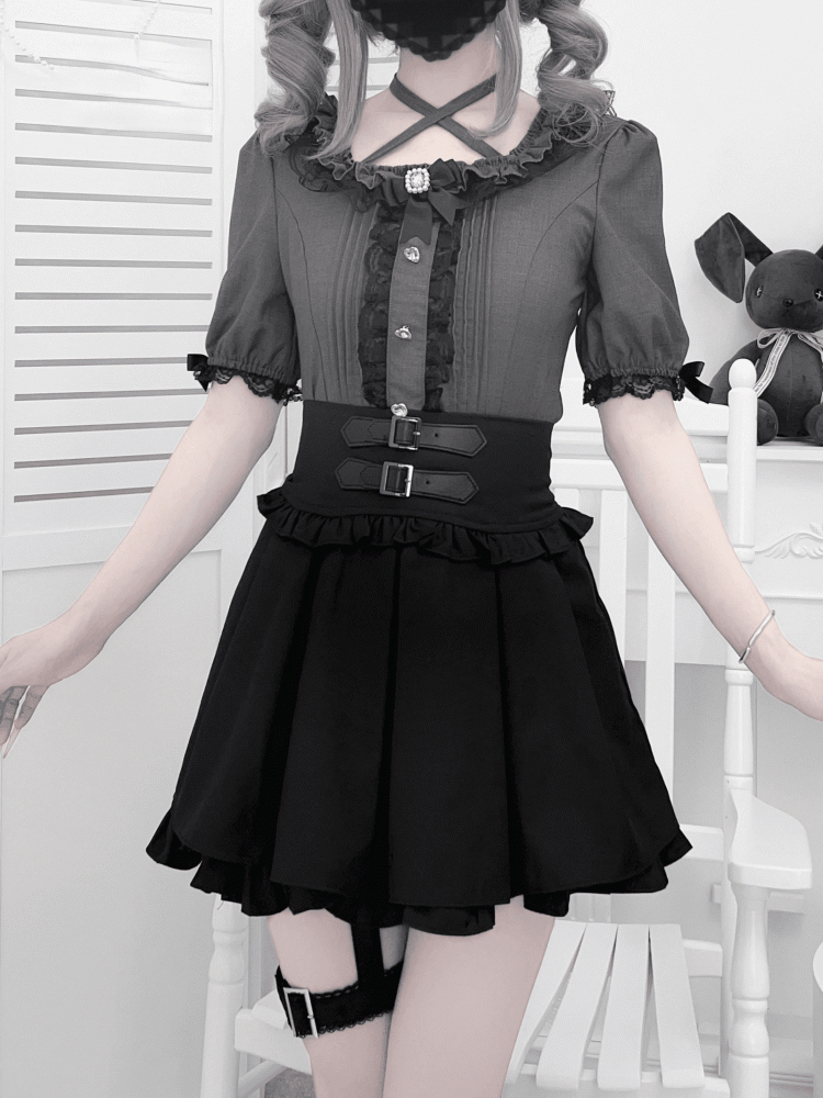 Neckline Heart-Shaped Kei with Rhinestones Pleating Gray Details Jirai Style Blouse Square and