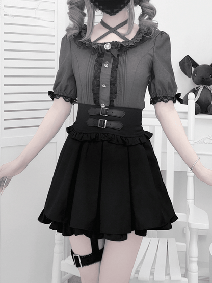 Neckline Heart-Shaped Kei with Rhinestones Pleating Gray Details Jirai Style Blouse Square and