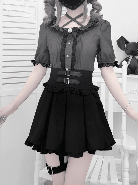 Neckline Heart-Shaped Kei with Rhinestones Pleating Gray Details Jirai Style Blouse Square and