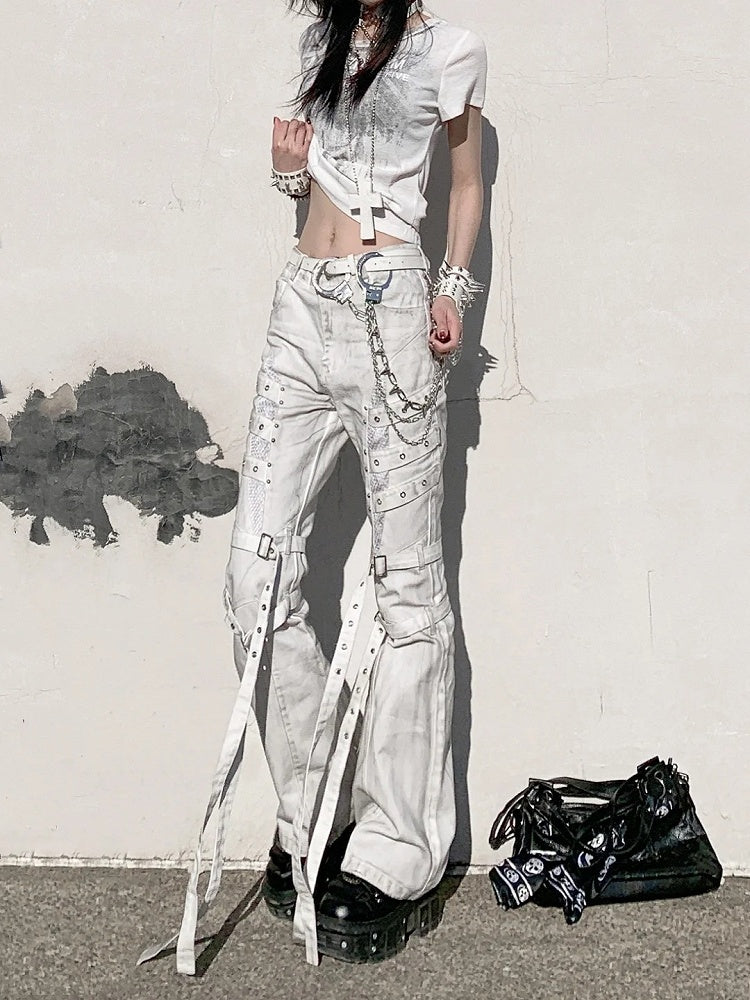 Vintage Batik Distressed Slim Fit Flared Jeans with Strap Accents - Nova nexus