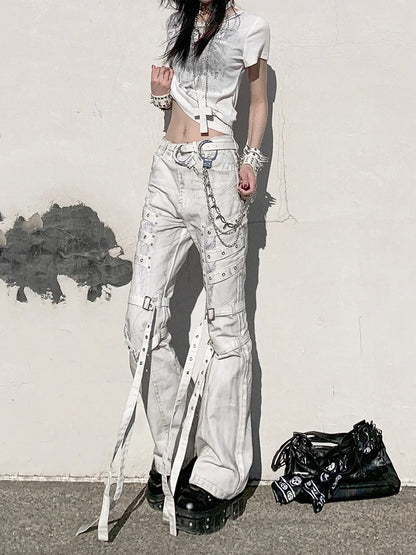 Vintage Batik Distressed Slim Fit Flared Jeans with Strap Accents - Nova nexus