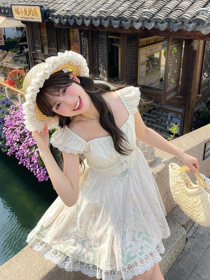 with Mesh Overlay Lily Print Dress Beige Flutter Sleeves Basque Waist