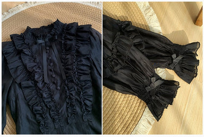 Black Lolita Balloon Sleeves Blouse with Rose Brooch - With PUJI
