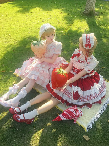Red with Strawberry Short-Sleeve Off-White Embroidery Blouse Lolita Ruffled