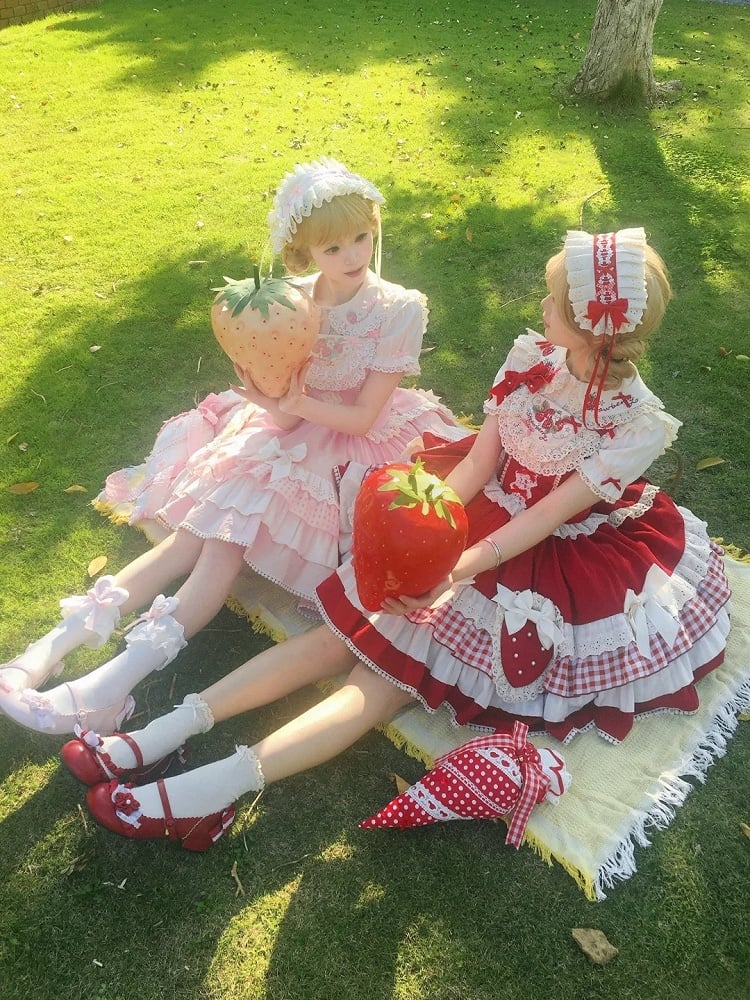 Blouse Ruffled Off-White Lolita Pink with Strawberry Embroidery Short-Sleeve