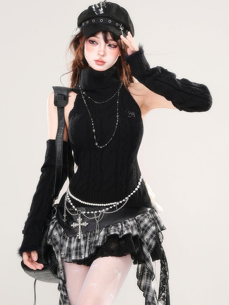 Black Turtle Neck Sleeveless Slim-fit Sweater with Detachable Sleeves