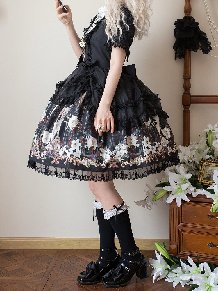 Lily and Puppet Doll Print Black Dark Gothic Lolita Short Sleeves Dress