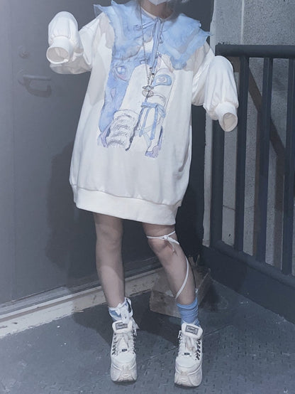 Tenshi Core Jirai Kei Light Blue Printed Sweatshirt Dress with Detachable Organza Faux Collar
