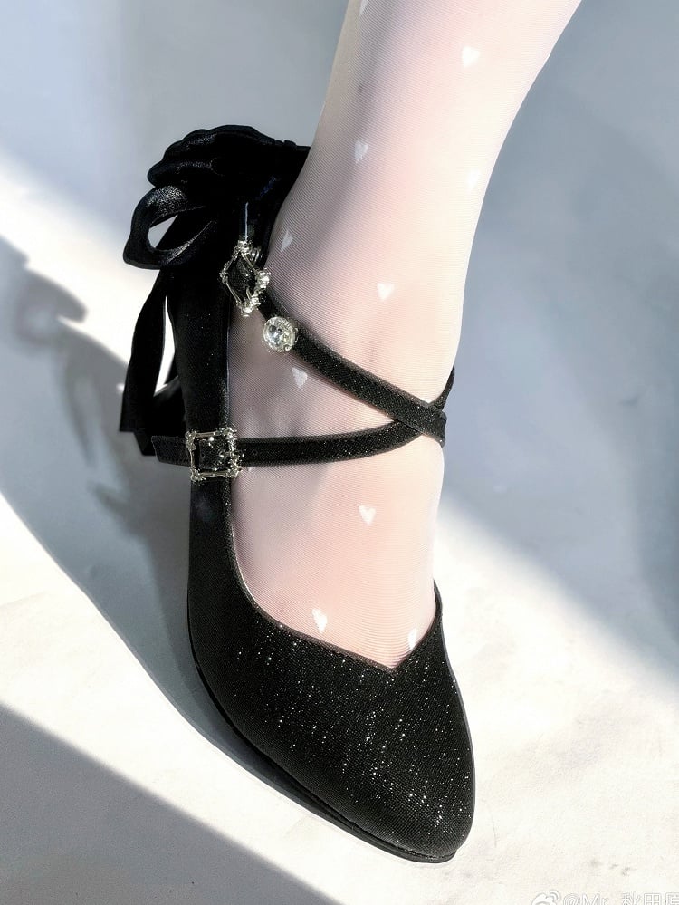 Elegant Bow Upper Glittered Back and Crystal Straps - Lolita with Stilettos Crisscross Pointed Toe Black