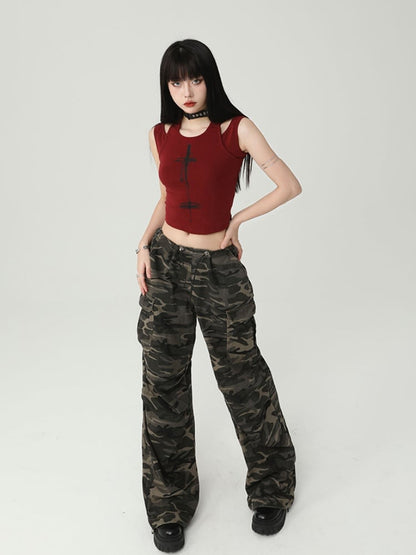 Gothic Wine Red Cross Backless Glamorous Cropped Sleeveless Top