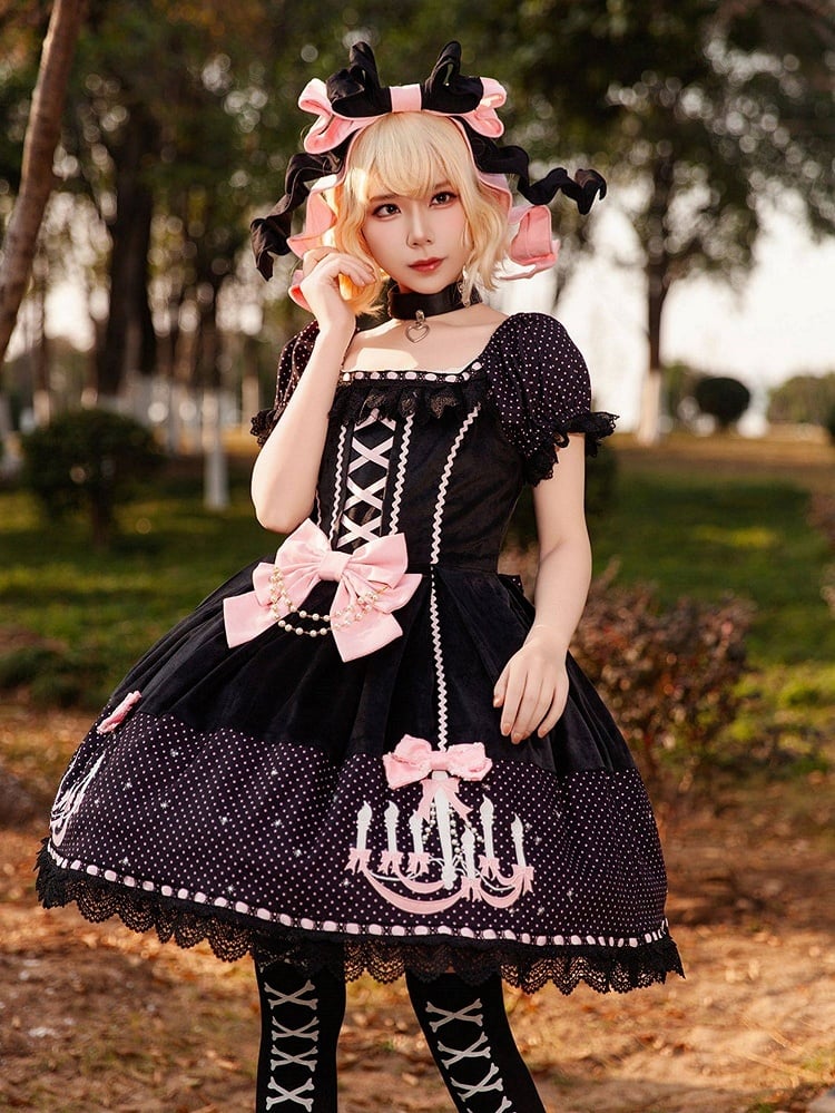 Dot Dress and Lolita with Sweet Print Polka Suede Black Chandelier Pink Bows