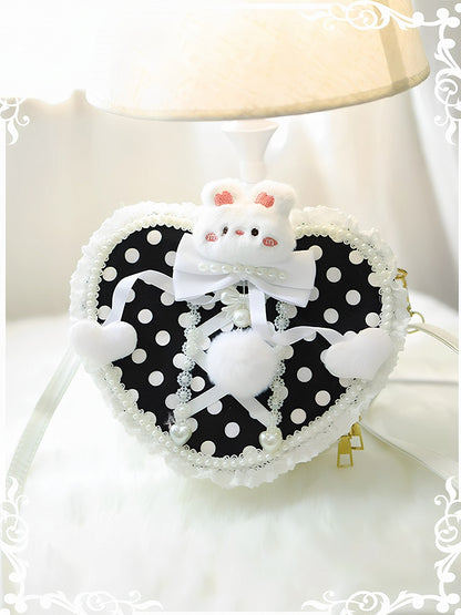 Heart-shaped Pattern Black Decorated Polka-dot Design Crossbody Bag Bunny Pompon Beaded With Plush