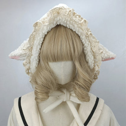 Plush Lamb Ear Black/White Sweet Lace Hat Design
