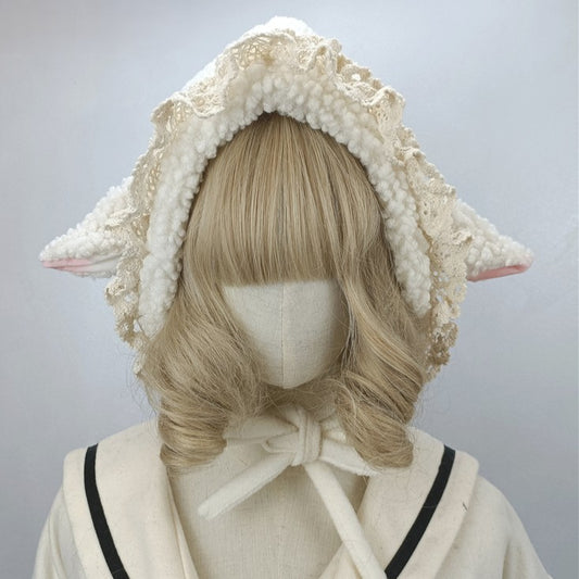 Plush Lamb Ear Black/White Sweet Lace Hat Design