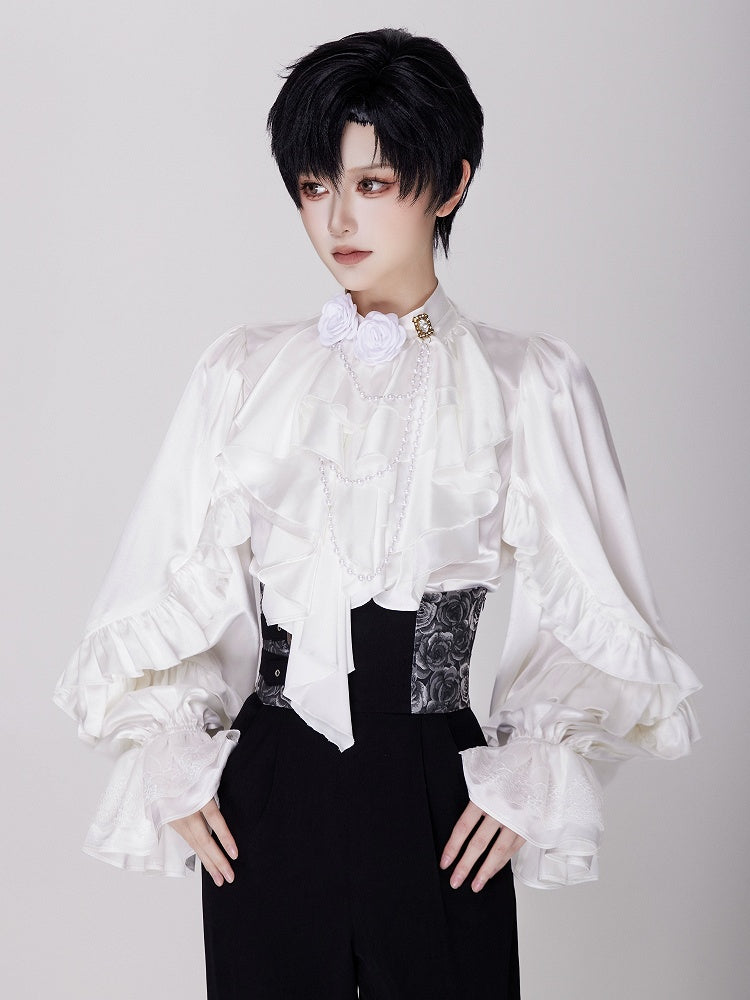 Elegant White Ruffled Bodice Shirt with Flounce Trim and Long Sleeves - DevilInspired Exclusive Collection