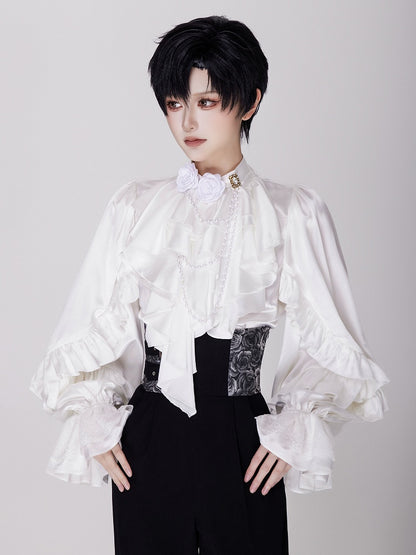 Elegant White Ruffled Bodice Shirt with Flounce Trim and Long Sleeves - DevilInspired Exclusive Collection