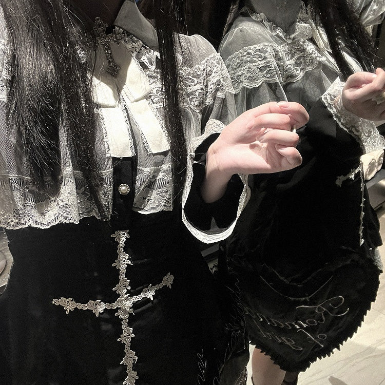 Skirt Rose Cross Landmine White/Black/Pink Embroidery Jirai Hem High Style Kei Lace Waist