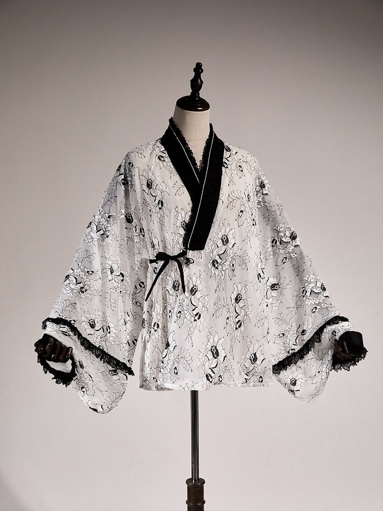 Floral Embroidery Wide Sleeve Bow Top - Tan Tuan
