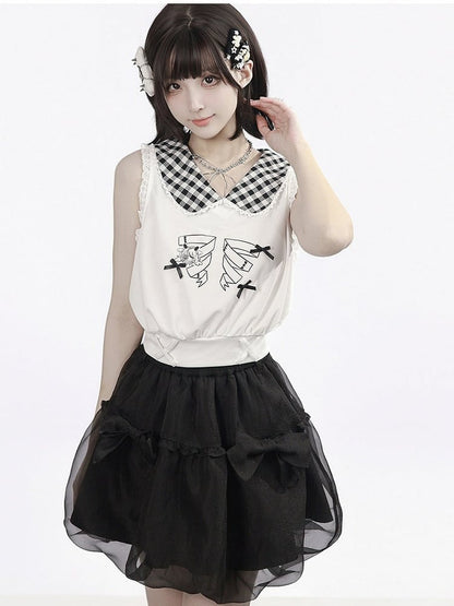 White Gingham Peter Pan Collar Tank with Cartoon Print - PINK SAVIOR