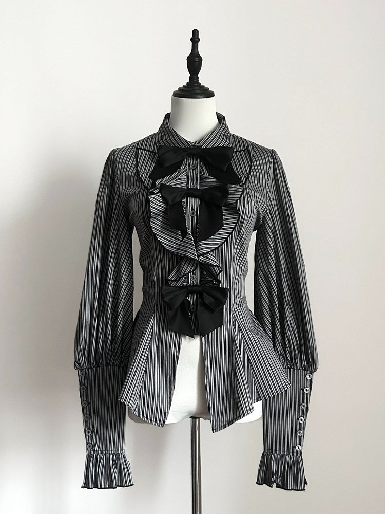 Striped Long Sleeve Ouji Lolita Blouse in Black with Bow Details - Danger Girl