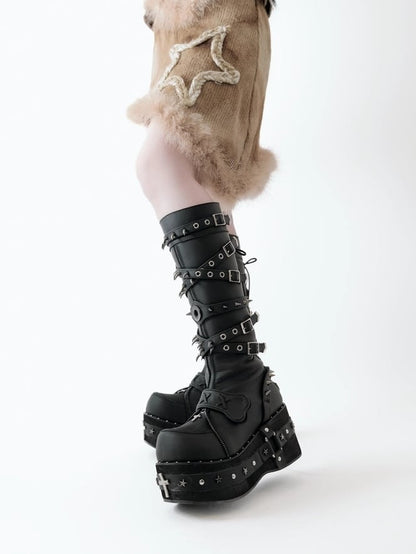 Sole Studded Knee-High with Platform Details Decor - Black Boots Punk Cross