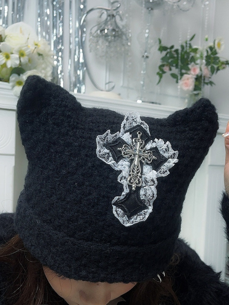 Punk Black Cat Ears Cross Patch Knit Hat