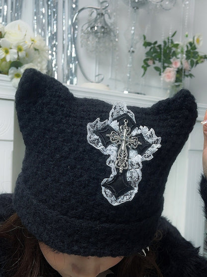 Punk Black Cat Ears Cross Patch Knit Hat