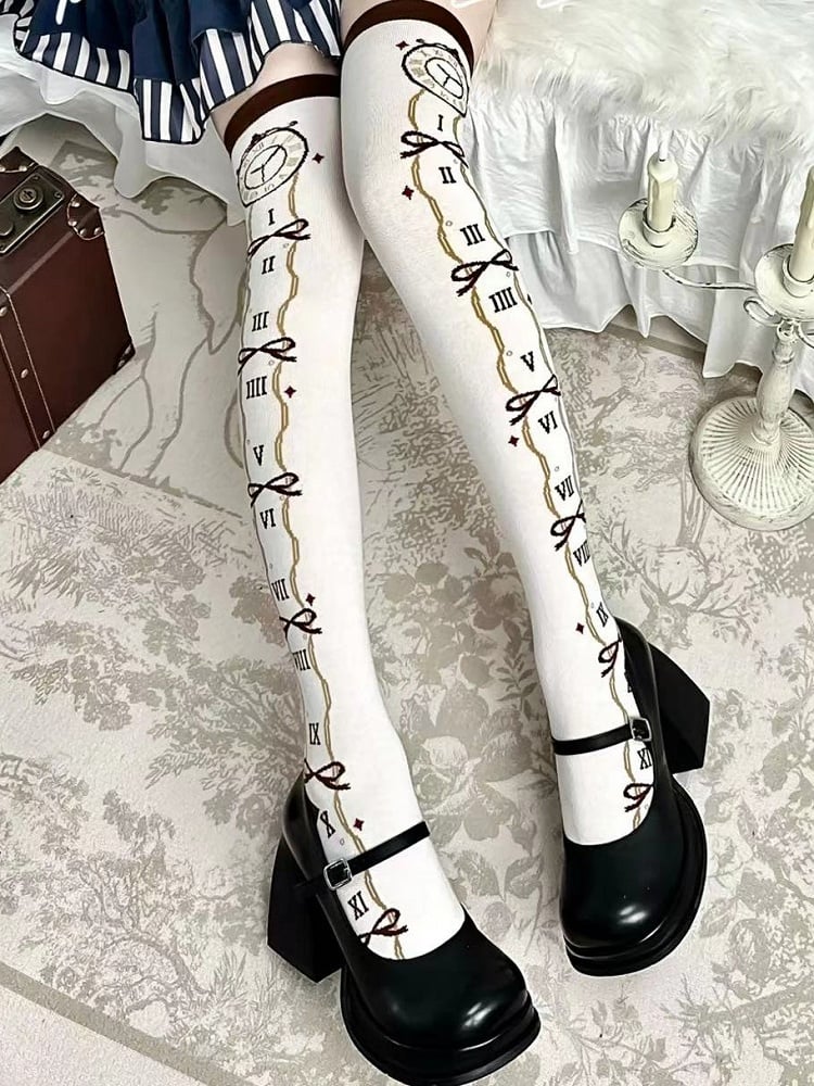 Clock Brown Over-knee Vibes Stockings Wonderland In Print Lolita Alice