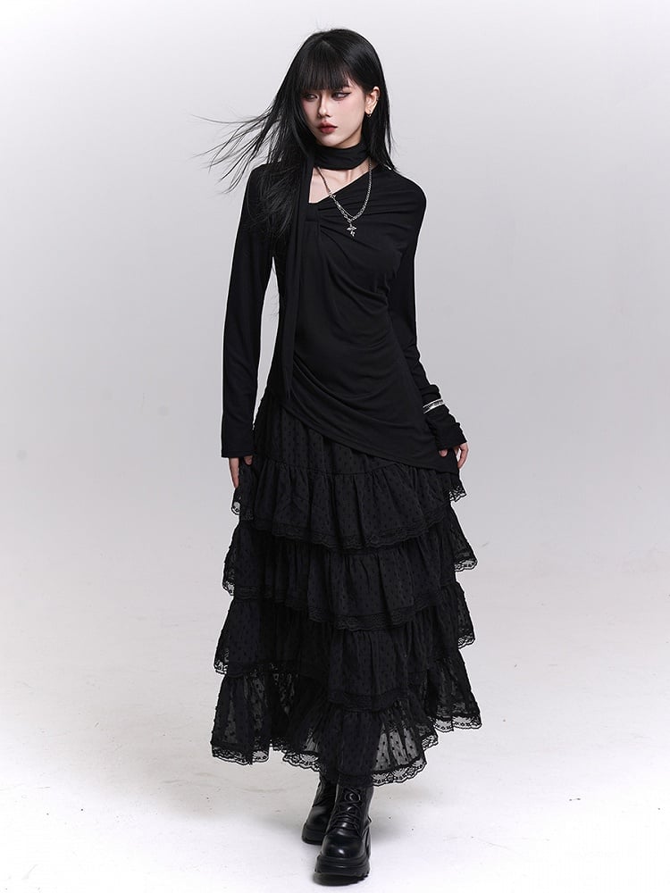 Length Tea Trim Chiffon Blue Mesh with White/Black/Light Tiered Lace Skirt