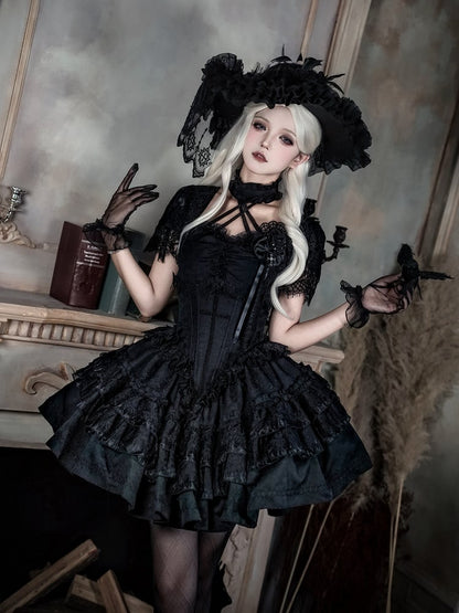 + Black Gothic Boning Set Lace Waist Top Bolero Neck Lolita Skirt Full Halter Corset All Sleeves - Cropped