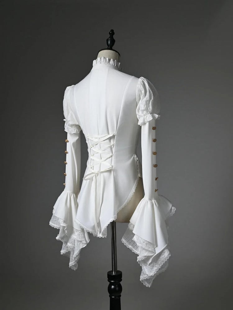White Ruffled High Neck Long Sleeve Shirt