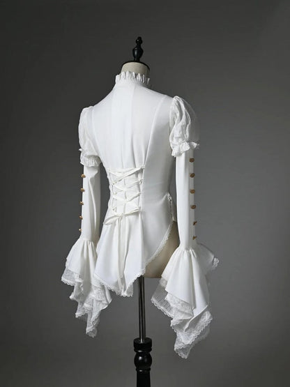 White Ruffled High Neck Long Sleeve Shirt