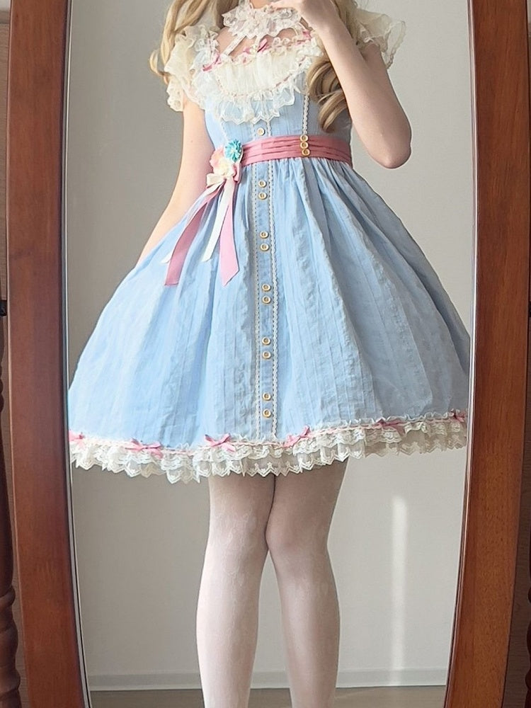 Short Elegant Lace Dress and Blue with Details Classic Lolita Version Bow