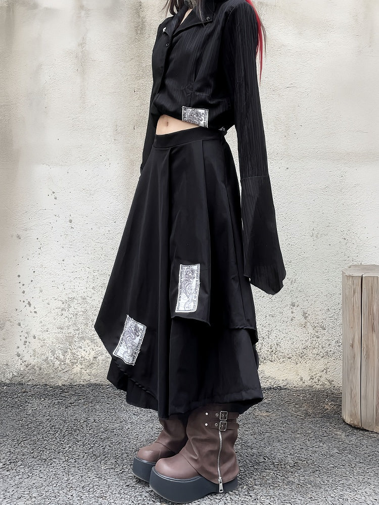 Black Notched Collar Bell Sleeves Punk Asymmetrical Shirt Appliques