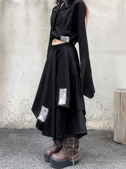 Black Notched Collar Bell Sleeves Punk Asymmetrical Shirt Appliques