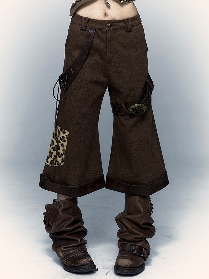 ヒョウ柄ポケット付きブラウンパンクローウエストパンツ