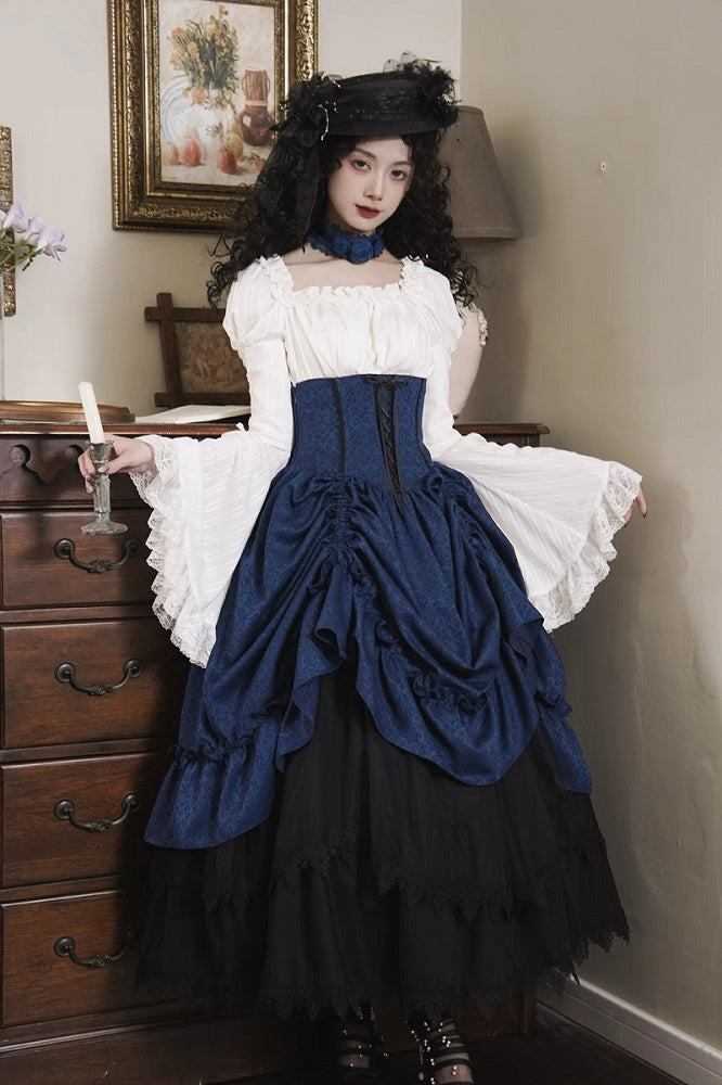 Boned Dark Lolita Bust Gothic High Skirt Blue Drawstring Waist Under