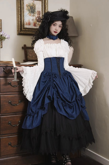 Boned Dark Lolita Bust Gothic High Skirt Blue Drawstring Waist Under