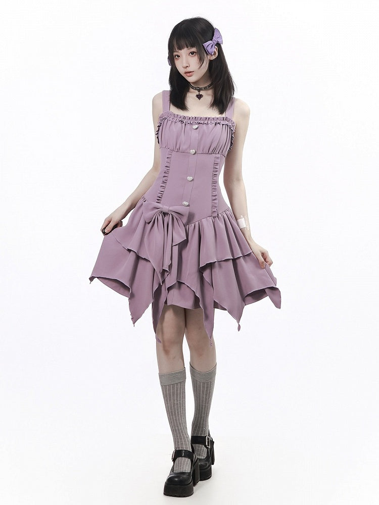 Purple Asymmetric Cami Dress with Ruffle & Bow - PINK SAVIOR