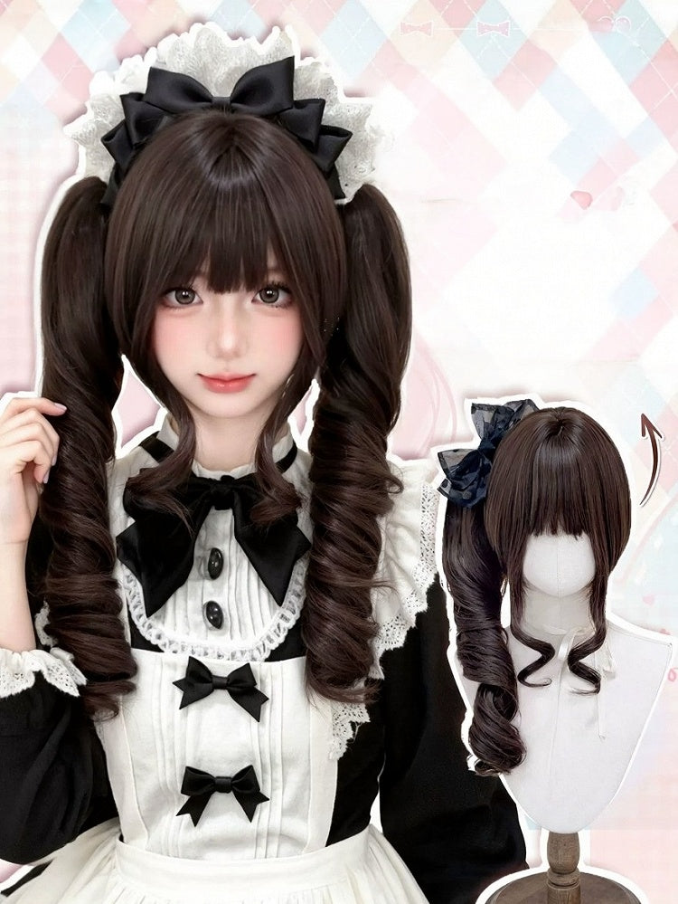 Brown 28cm Wig Bangs 55cm Curly Twin Tails Claw Clip
