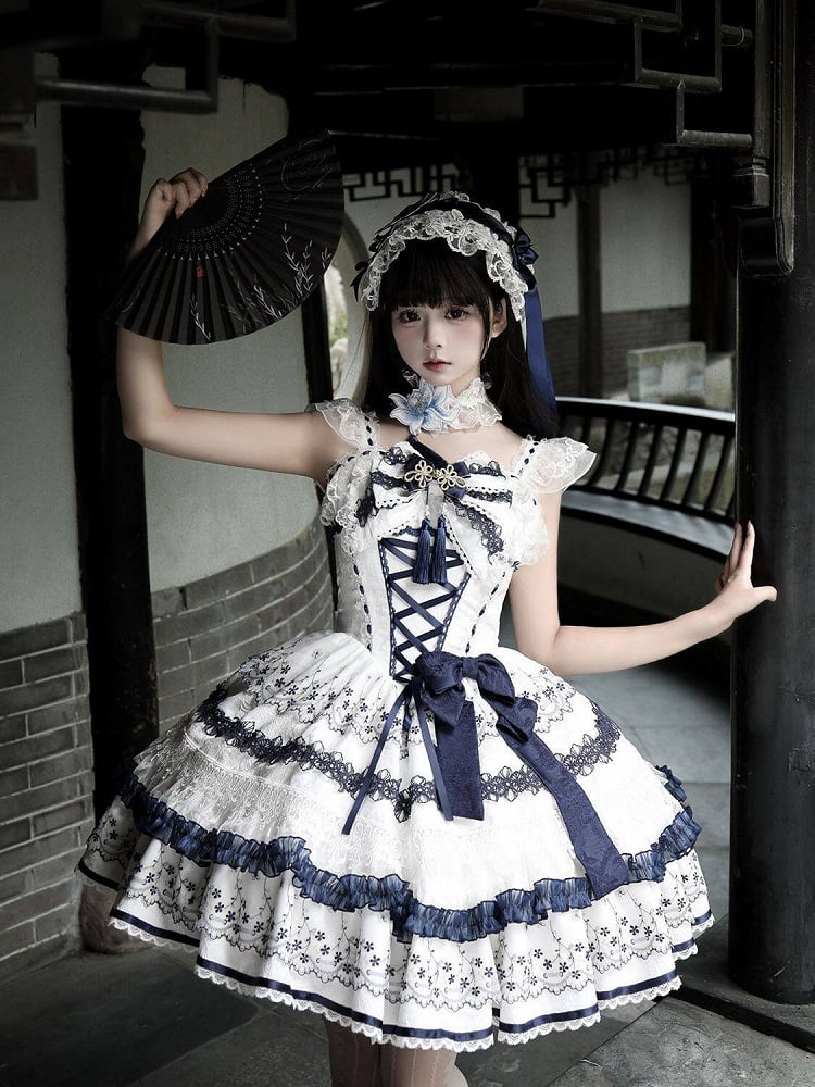 Blue and White Porcelain Corset Waist Lolita JSK Dress with Tassel Bows - Miss Han