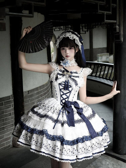 Blue and White Porcelain Corset Waist Lolita JSK Dress with Tassel Bows - Miss Han