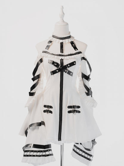 White Halter Flare Long-Sleeve Dress with Leather Straps & Shorts Set - Bunny Rush