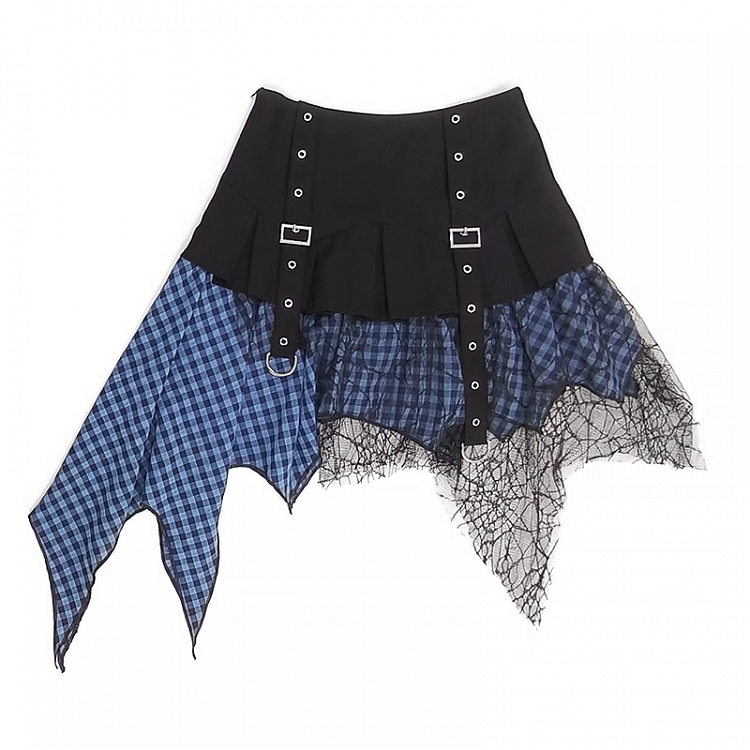 Taschentuch Saum Mesh Patchwork Y2K Schwarz Blau/ Weiß Karierter Rock Schwarz