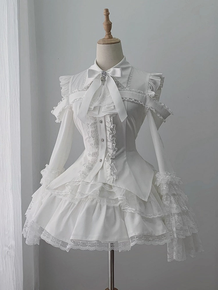 White Gothic Landmine Skirt with Multi-Layer Lace Trim Detailing - Ekomi
