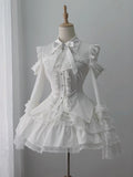 White Gothic Landmine Skirt with Multi-Layer Lace Trim Detailing - Ekomi